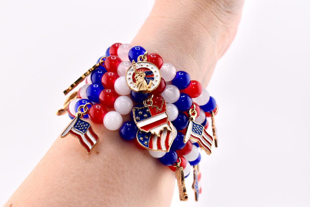Patriotic Charm Bracelet | Red White Blue Glass Beads, USA Flag Charms
