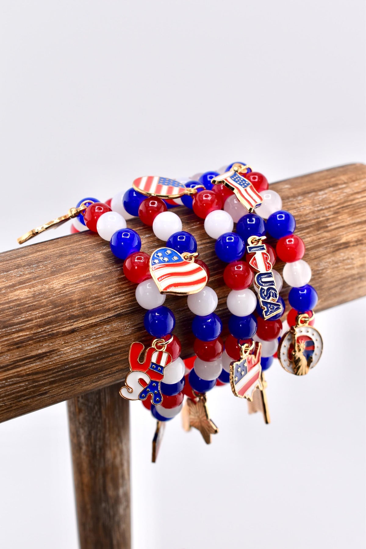Patriotic Charm Bracelet | Red White Blue Glass Beads, USA Flag Charms