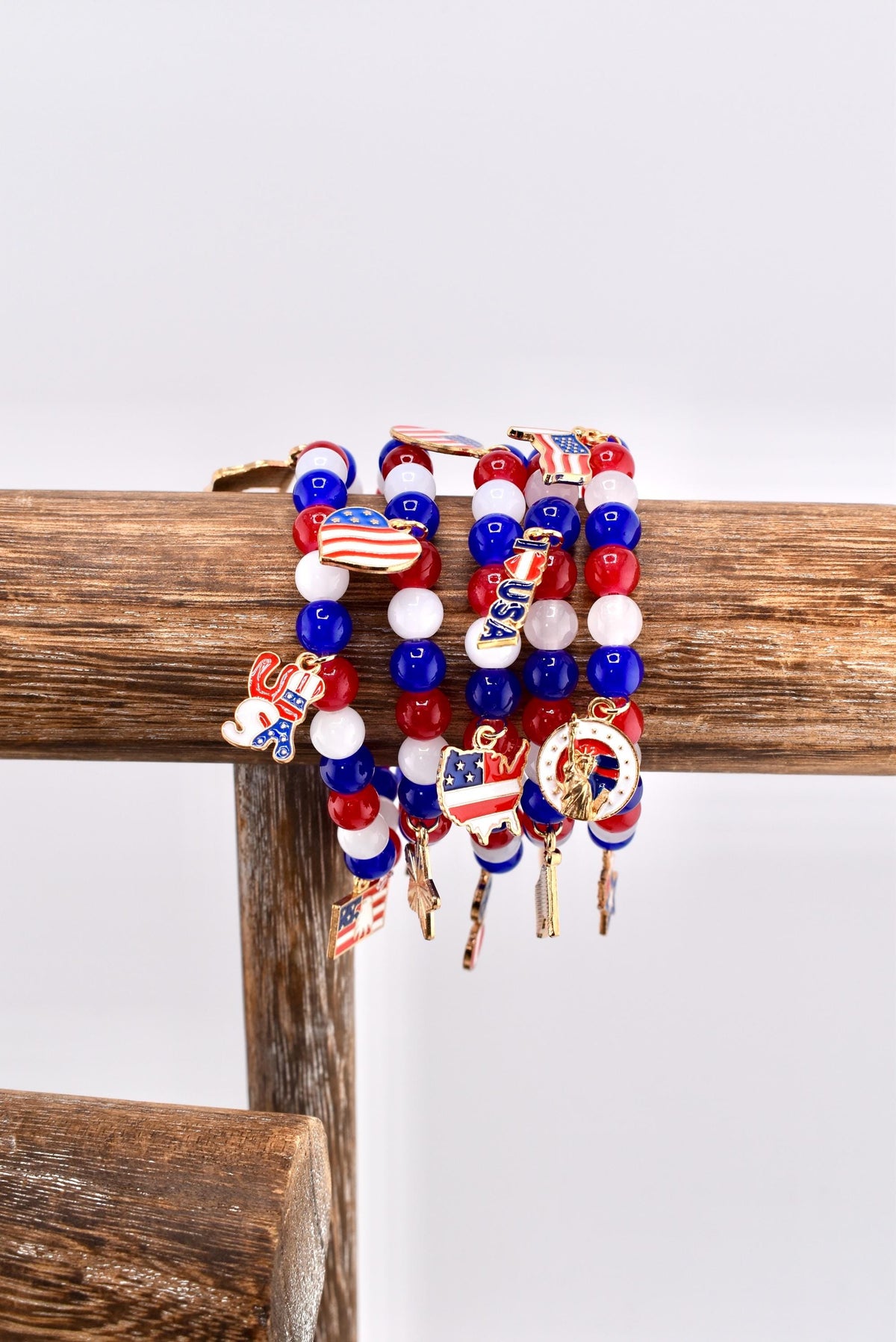 Patriotic Charm Bracelet | Red White Blue Glass Beads, USA Flag Charms