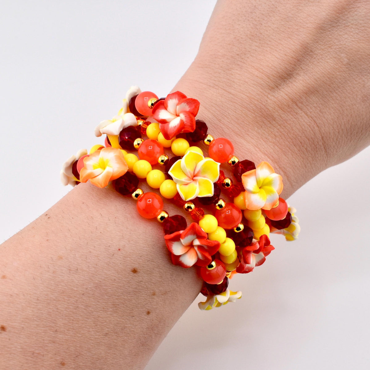 Hibiscus Flower Bracelet Set Orange Red Yellow Gold Beaded Boho Beach Stackable Jewelry Gift