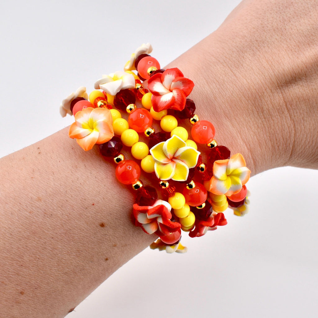 Hibiscus Flower Bracelet Set Orange Red Yellow Gold Beaded Boho Beach Stackable Jewelry Gift