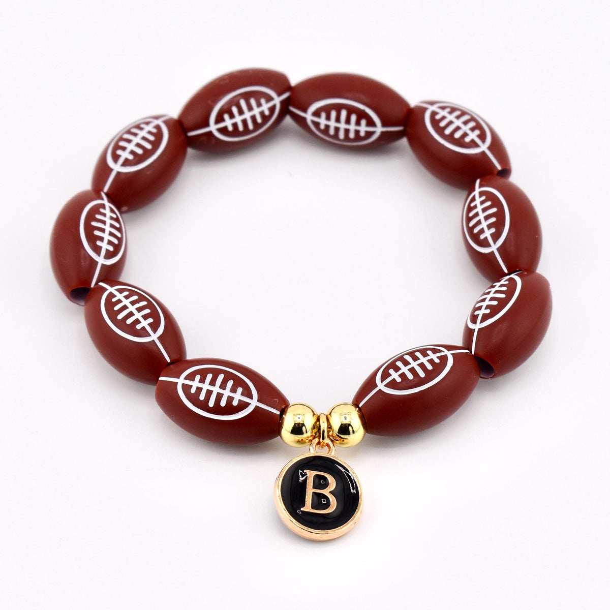 Football Beaded Bracelet with Letter Charm and Gold Accent Beads
