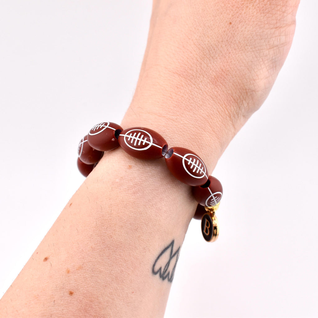 Football Beaded Bracelet with Letter Charm and Gold Accent Beads