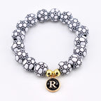 Soccer Ball Beaded Bracelet with Letter Charm and Gold Accent Beads