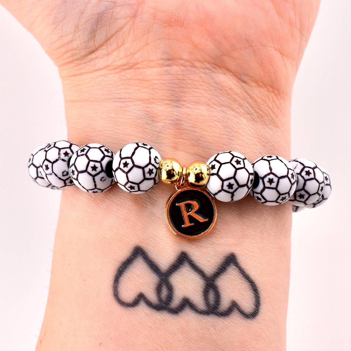 Soccer Ball Beaded Bracelet with Letter Charm and Gold Accent Beads