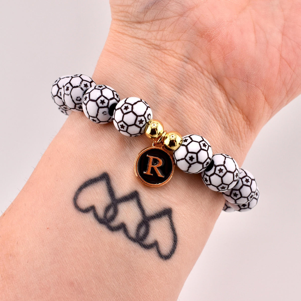 Soccer Ball Beaded Bracelet with Letter Charm and Gold Accent Beads