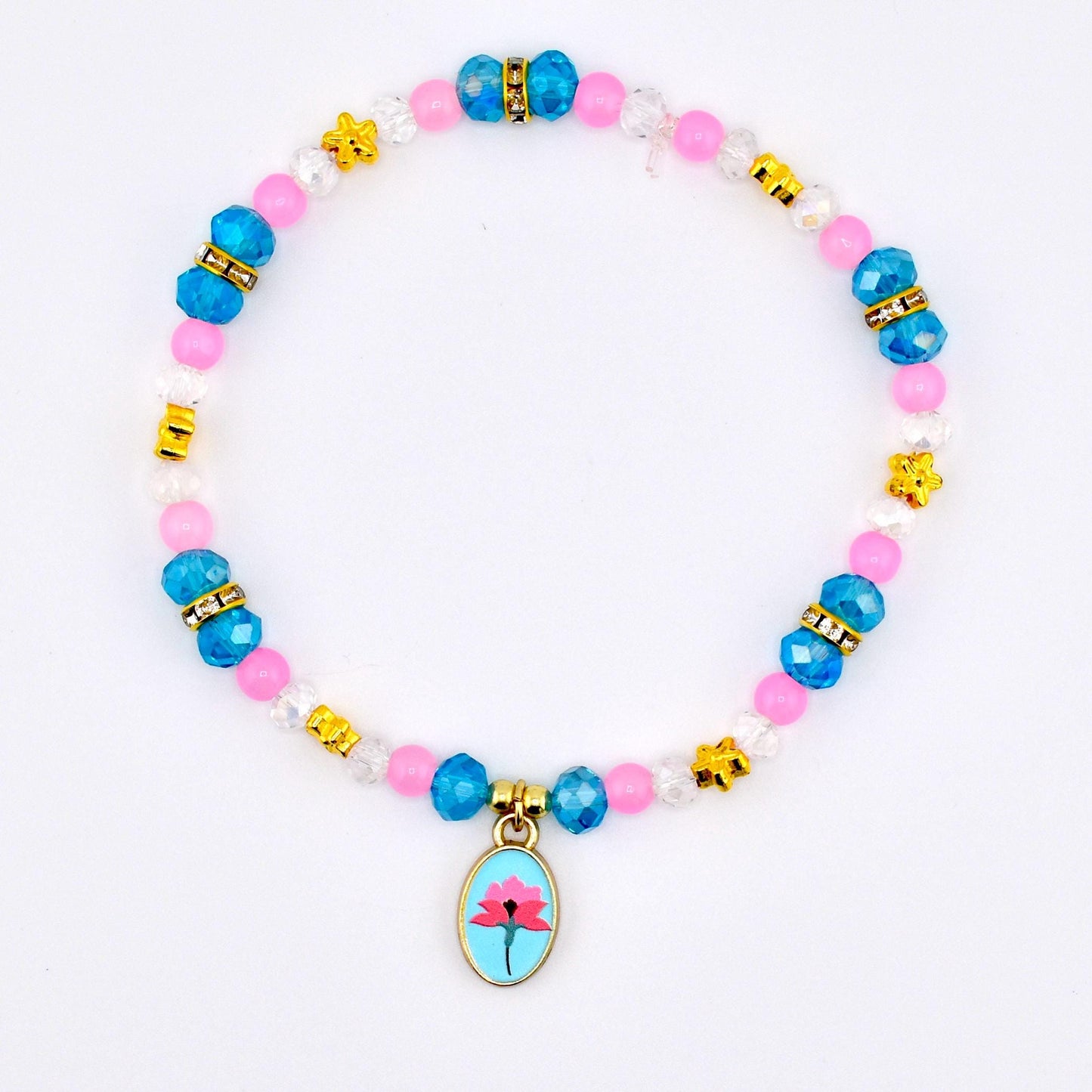 Pink Blue and Crystal Beaded Bracelet with Flower Charm