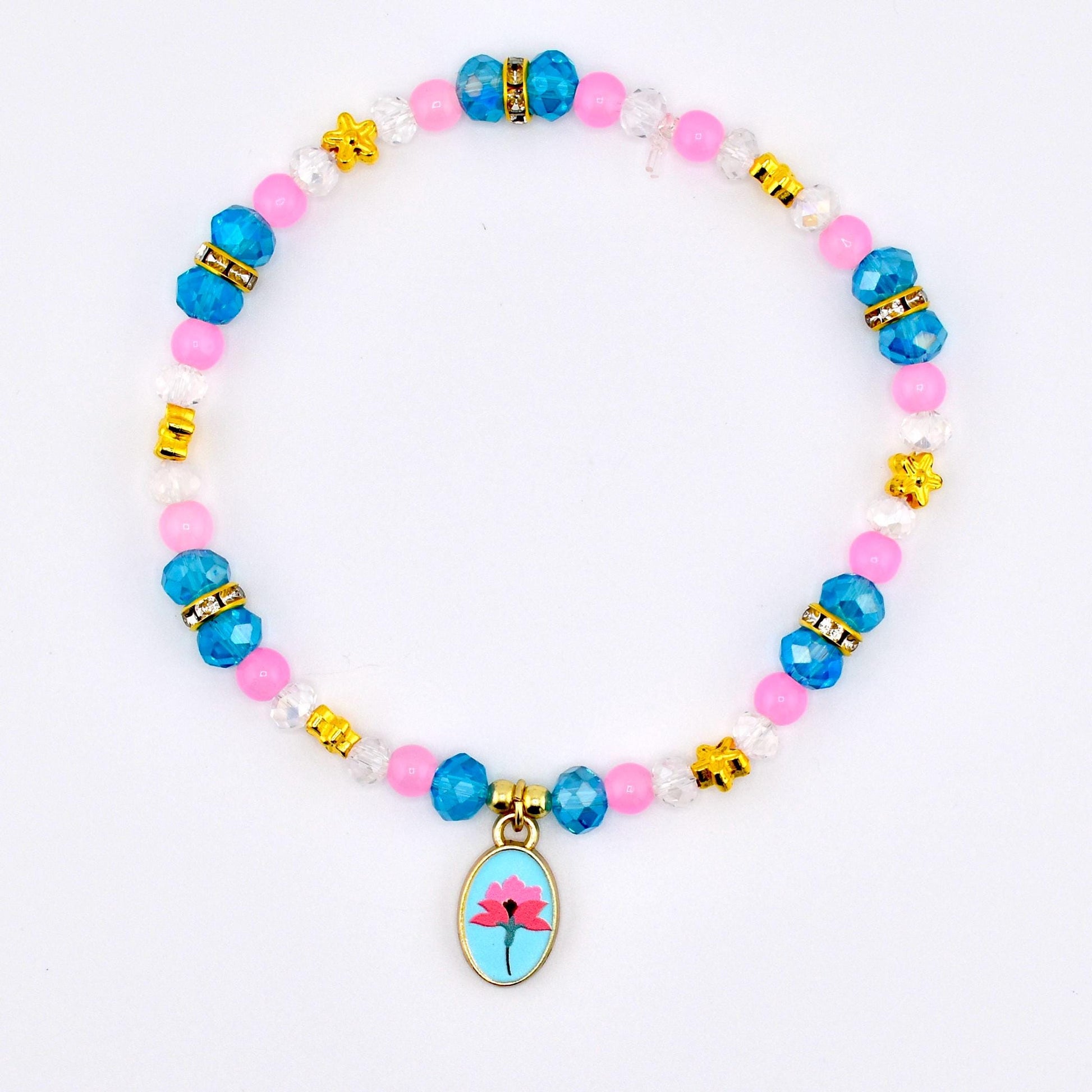Pink Blue and Crystal Beaded Bracelet with Flower Charm