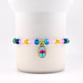 Pink Blue and Crystal Beaded Bracelet with Flower Charm