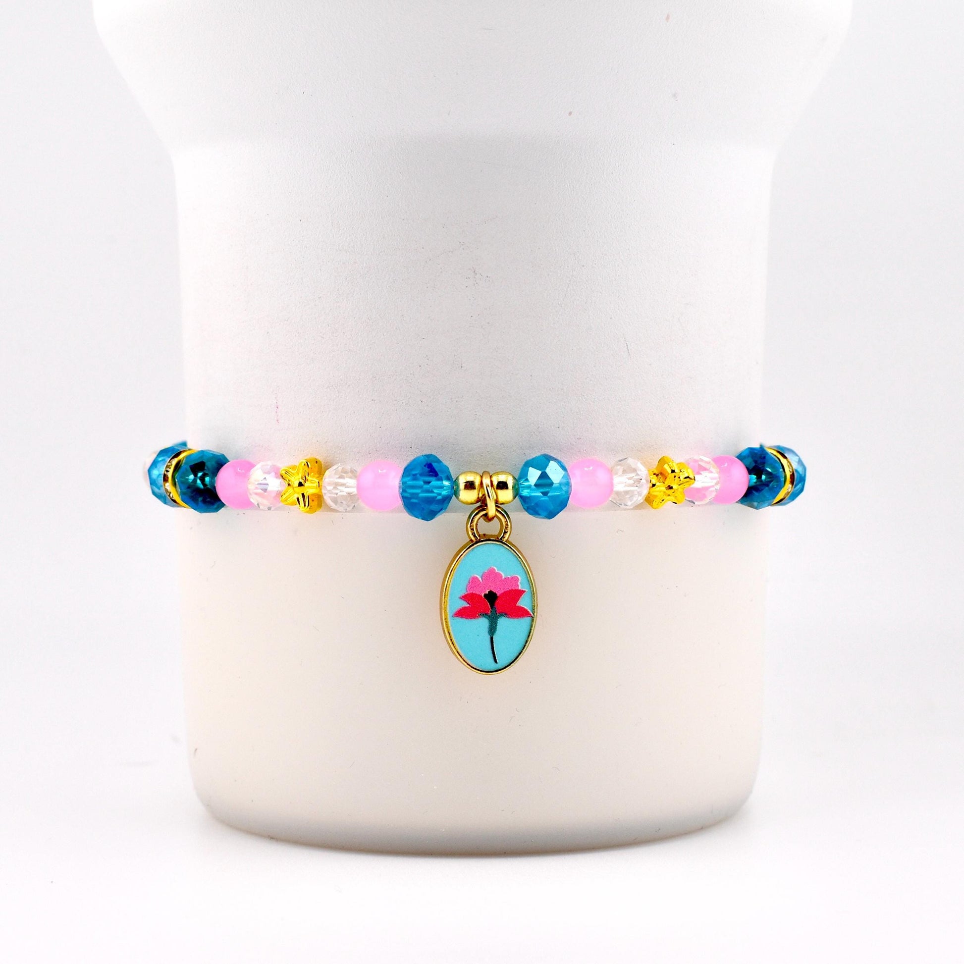 Pink Blue and Crystal Beaded Bracelet with Flower Charm