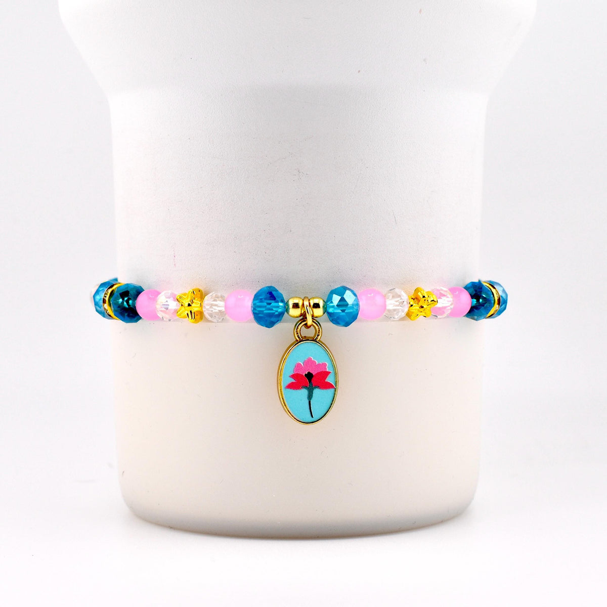 Pink Blue and Crystal Beaded Bracelet with Flower Charm