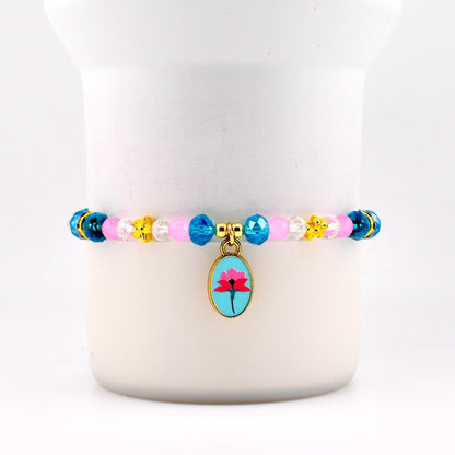 Pink Blue and Crystal Beaded Bracelet with Flower Charm