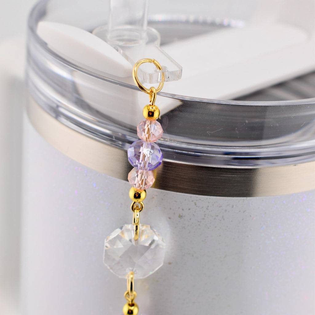 Purple Pink and Crystal Straw Charm or Keychain with Gold Rhinestone Bow Charm