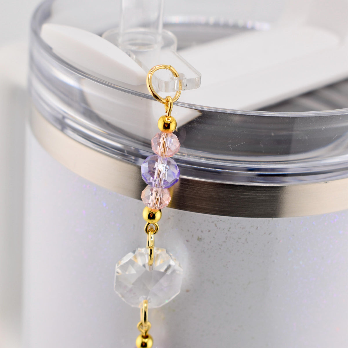 Purple Pink and Crystal Straw Charm or Keychain with Gold Rhinestone Bow Charm