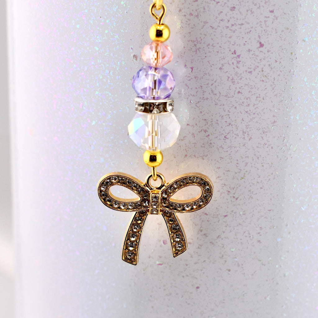 Purple Pink and Crystal Straw Charm or Keychain with Gold Rhinestone Bow Charm
