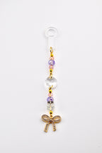 Purple Pink and Crystal Straw Charm or Keychain with Gold Rhinestone Bow Charm