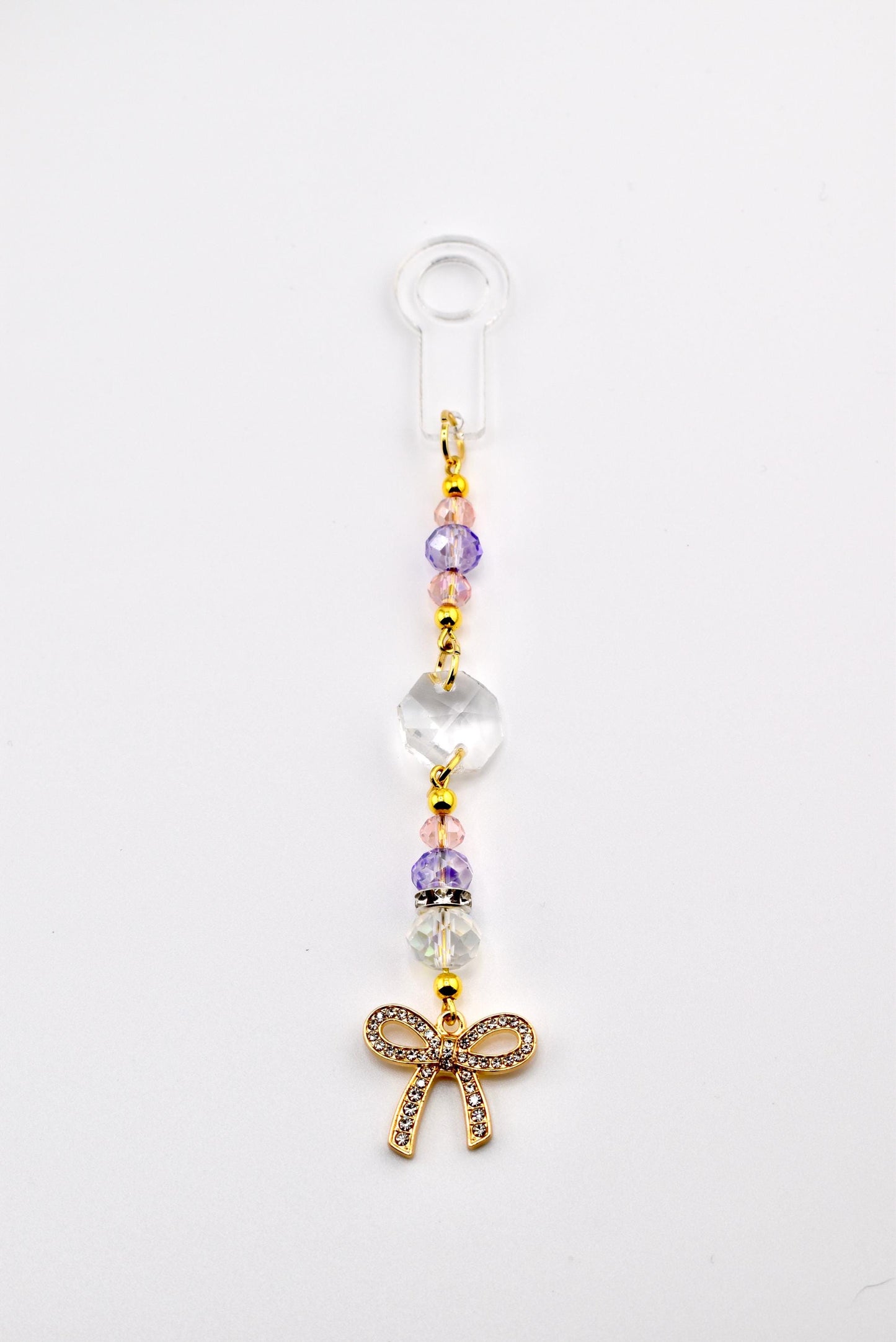 Purple Pink and Crystal Straw Charm or Keychain with Gold Rhinestone Bow Charm