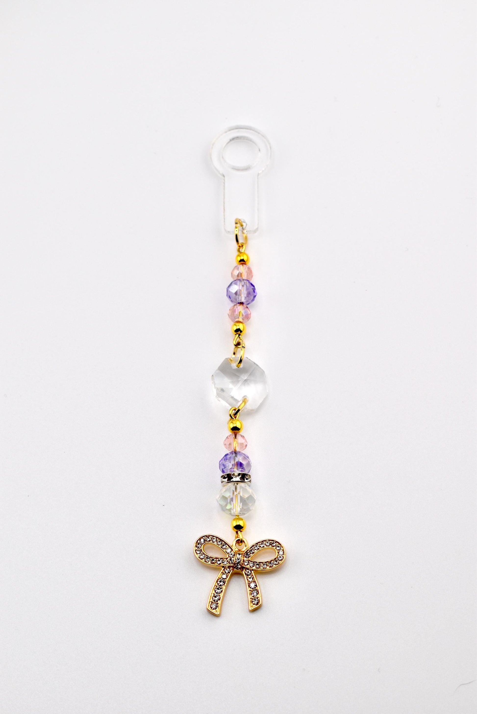 Purple Pink and Crystal Straw Charm or Keychain with Gold Rhinestone Bow Charm