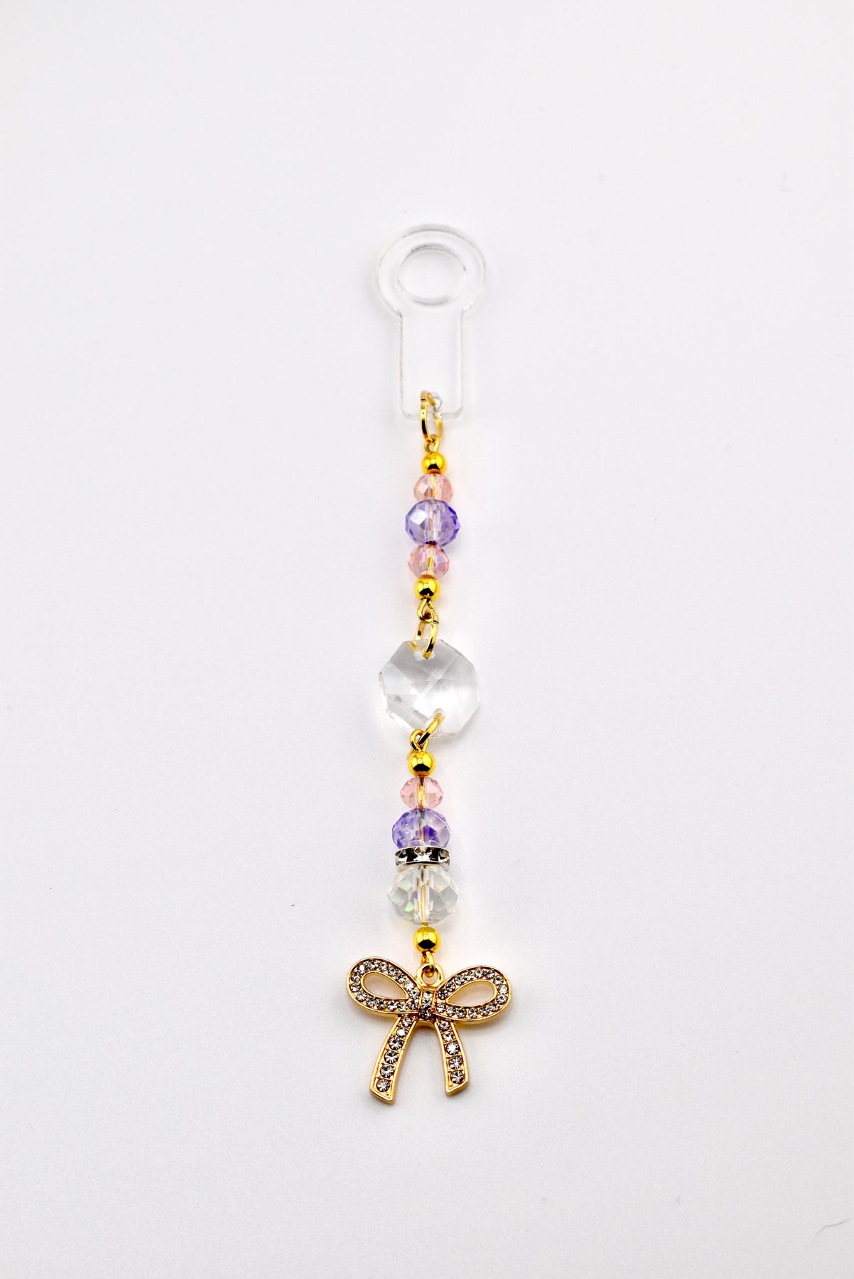 Purple Pink and Crystal Straw Charm or Keychain with Gold Rhinestone Bow Charm