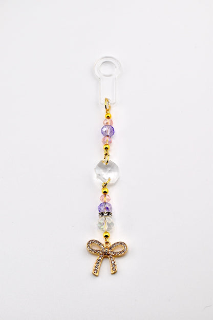 Purple Pink and Crystal Straw Charm or Keychain with Gold Rhinestone Bow Charm