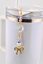 Purple Pink and Crystal Straw Charm or Keychain with Gold Rhinestone Bow Charm