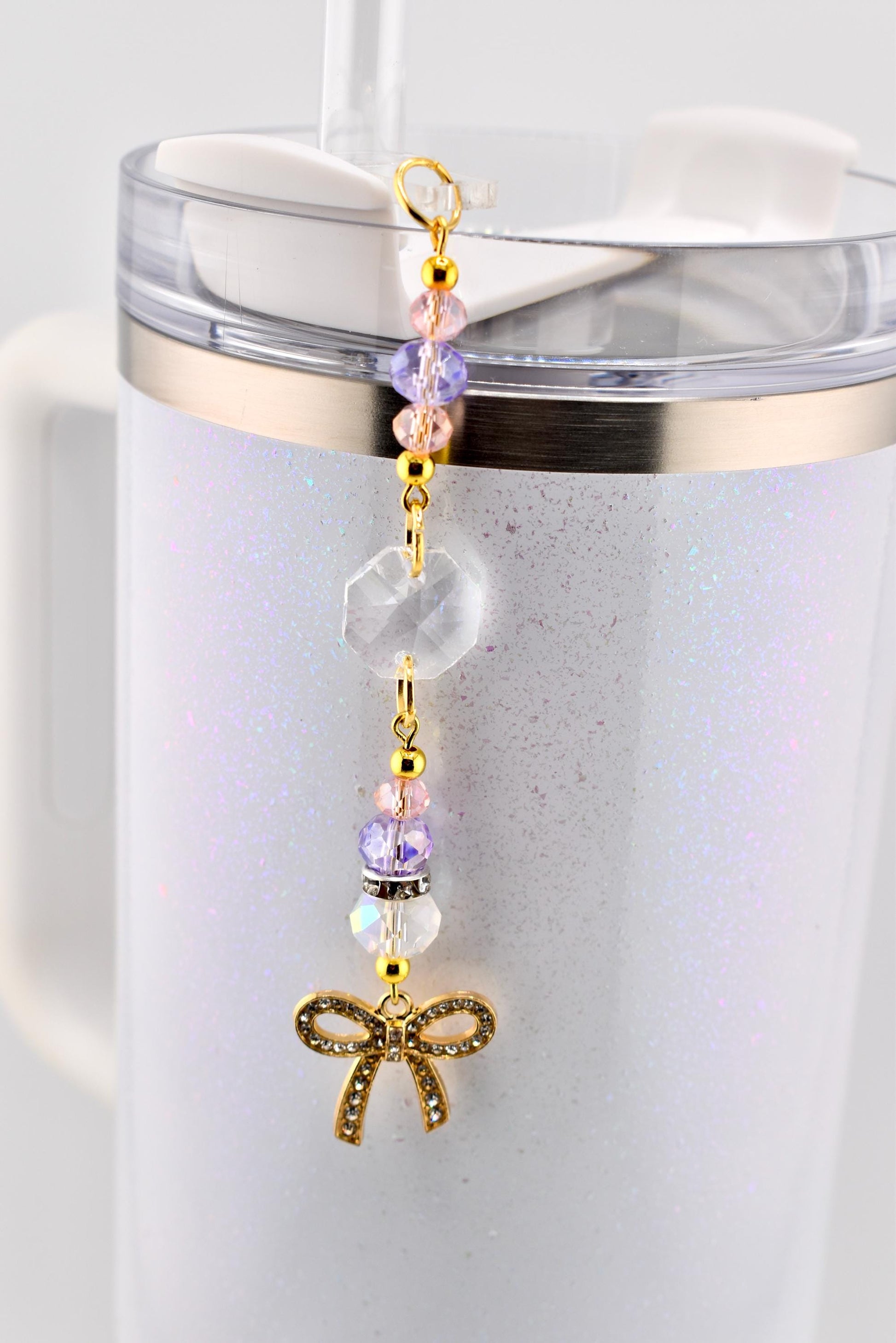 Purple Pink and Crystal Straw Charm or Keychain with Gold Rhinestone Bow Charm