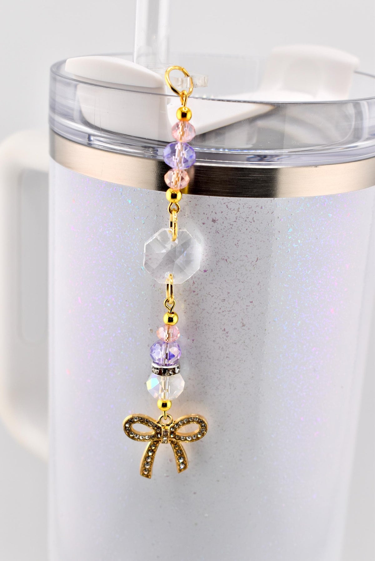 Purple Pink and Crystal Straw Charm or Keychain with Gold Rhinestone Bow Charm