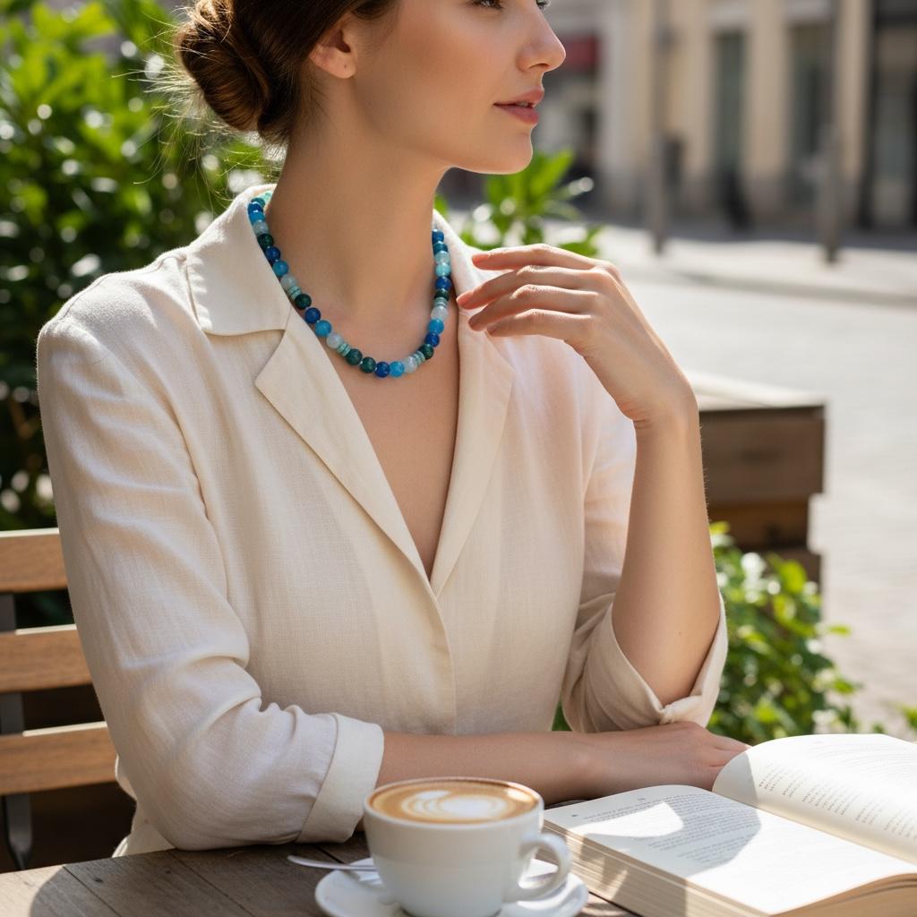 A woman wearing a cream-colored blazer and a blue beaded necklace. A cup of coffee and an open book are on the table. The necklace features various shades of blue beads.