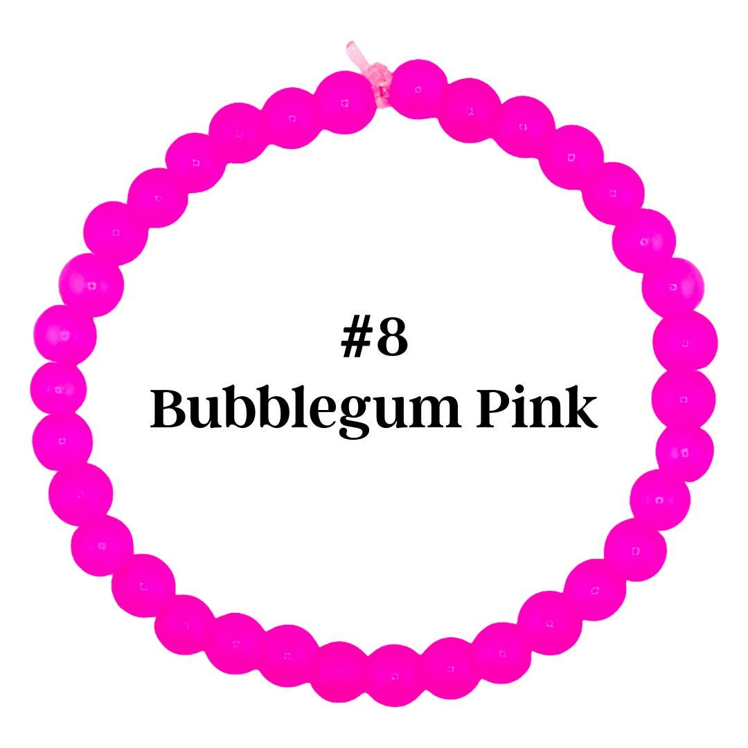 Bubblegum pink beaded bracelet. The bracelet is made of small, round beads strung together. The text on the image reads "#8 Bubblegum Pink". The bracelet is a vibrant, bright pink color.