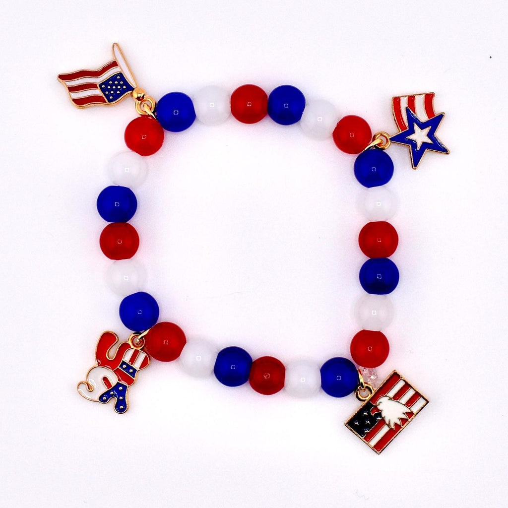 Patriotic Charm Bracelet | Red White Blue Glass Beads, USA Flag Charms
