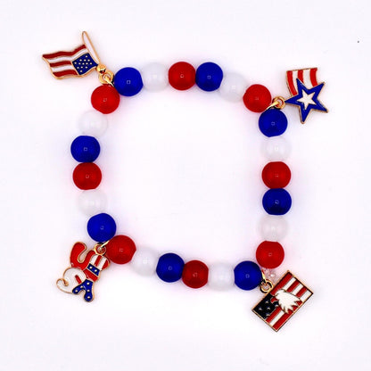 Patriotic Charm Bracelet | Red White Blue Glass Beads, USA Flag Charms