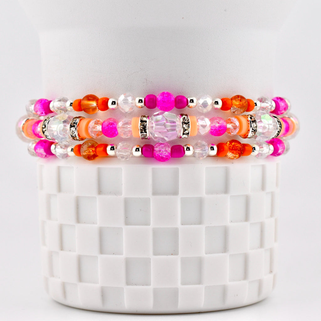 Pink Ginham Bracelet Collection: Pink and Orange Beaded Stretch Bracelets