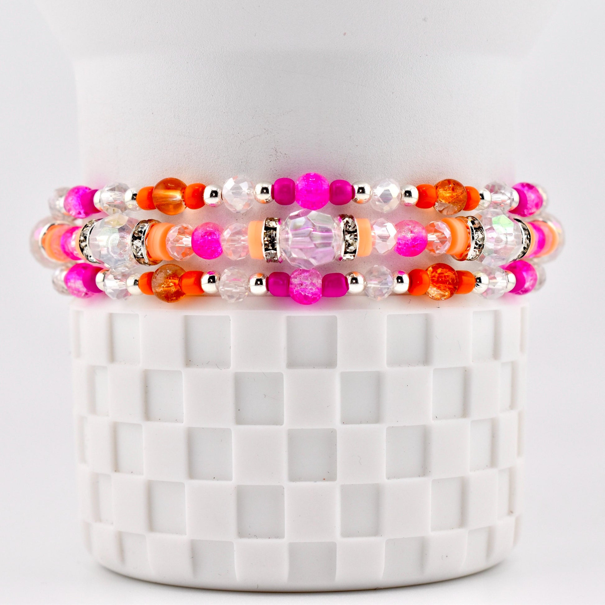 Peach Ginham Bracelet Collection: Pink and Orange Beaded Stretch Bracelets