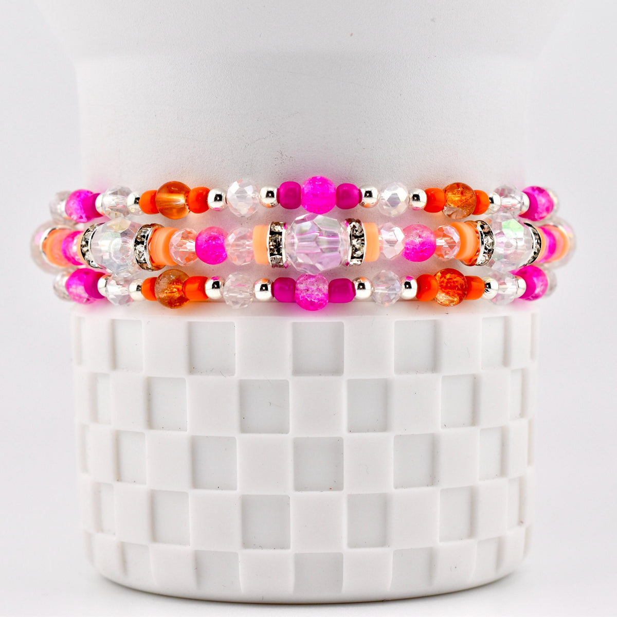 Pink Ginham Bracelet Collection: Pink and Orange Beaded Stretch Bracelets