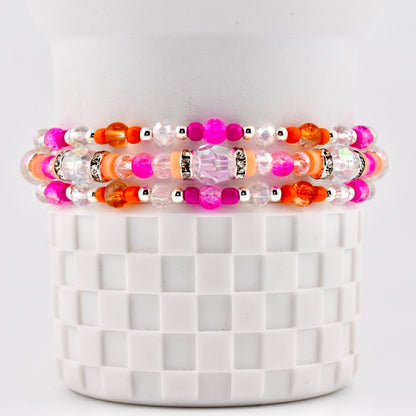 Peach Ginham Bracelet Collection: Pink and Orange Beaded Stretch Bracelets