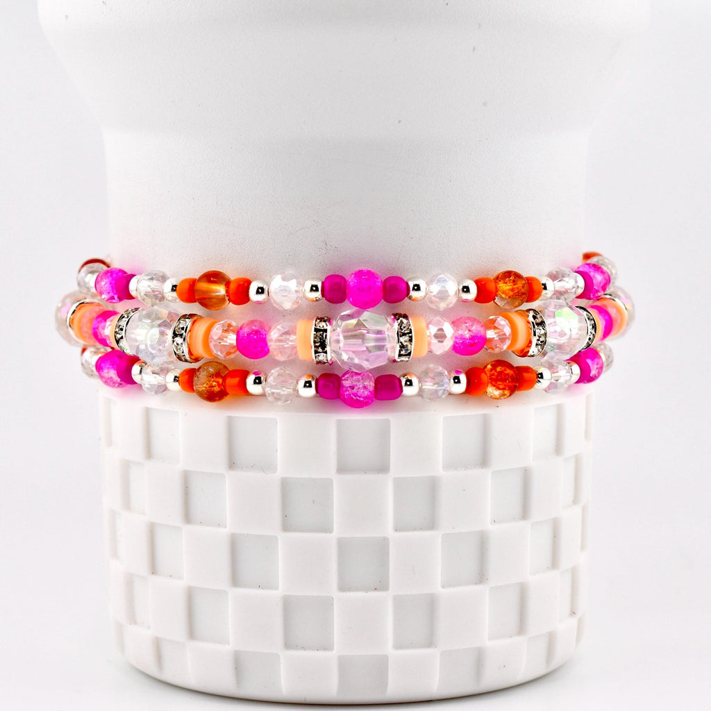 Pink Ginham Bracelet Collection: Pink and Orange Beaded Stretch Bracelets