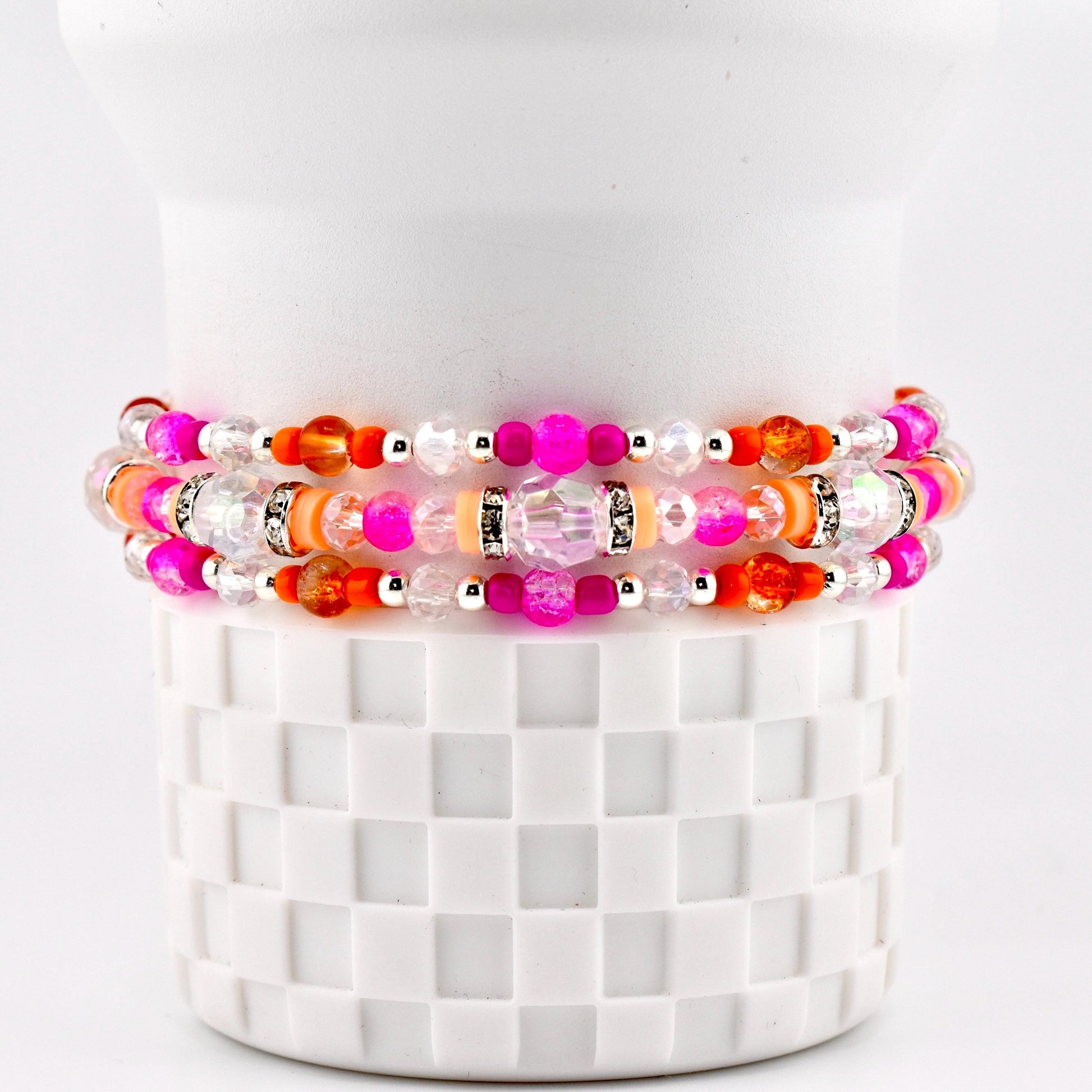 Peach Ginham Bracelet Collection: Pink and Orange Beaded Stretch Bracelets