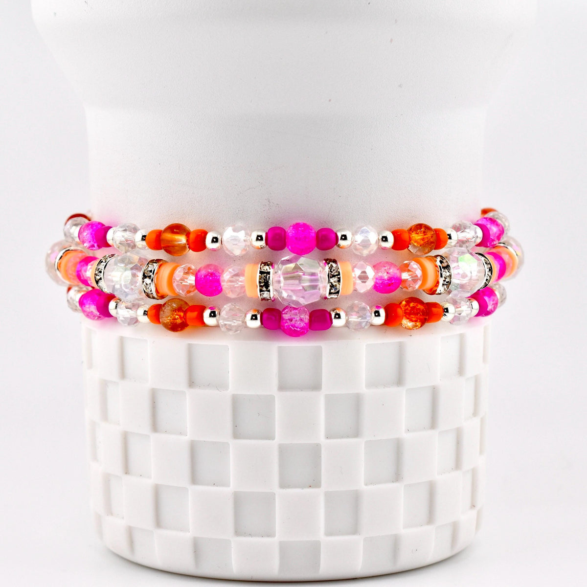 Pink Ginham Bracelet Collection: Pink and Orange Beaded Stretch Bracelets