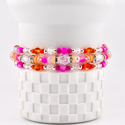 Peach Ginham Bracelet Collection: Pink and Orange Beaded Stretch Bracelets