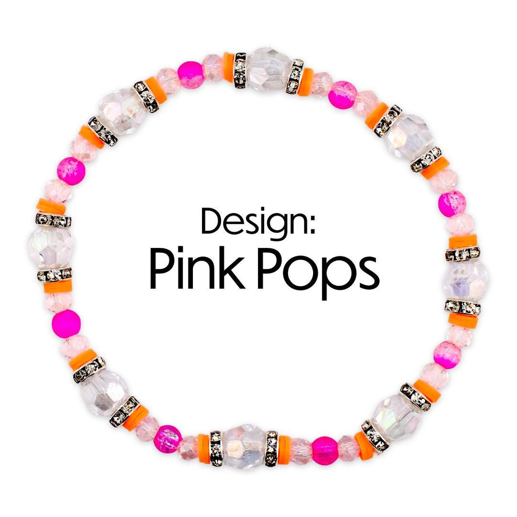 A beaded bracelet with the text "Design: Pink Pops". The bracelet features a circular design with pink, orange, and clear beads. The beads are arranged in a repeating pattern, with larger clear beads and smaller pink beads.