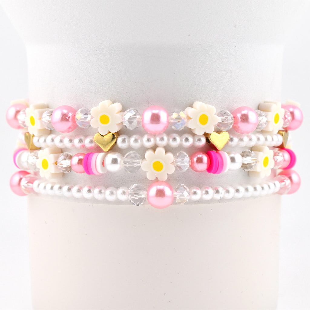 Pink Daisy Beaded Bracelet Stack: Pastel Flower and Heart Bead Accents