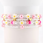 Pink Daisy Beaded Bracelet Stack: Pastel Flower and Heart Bead Accents