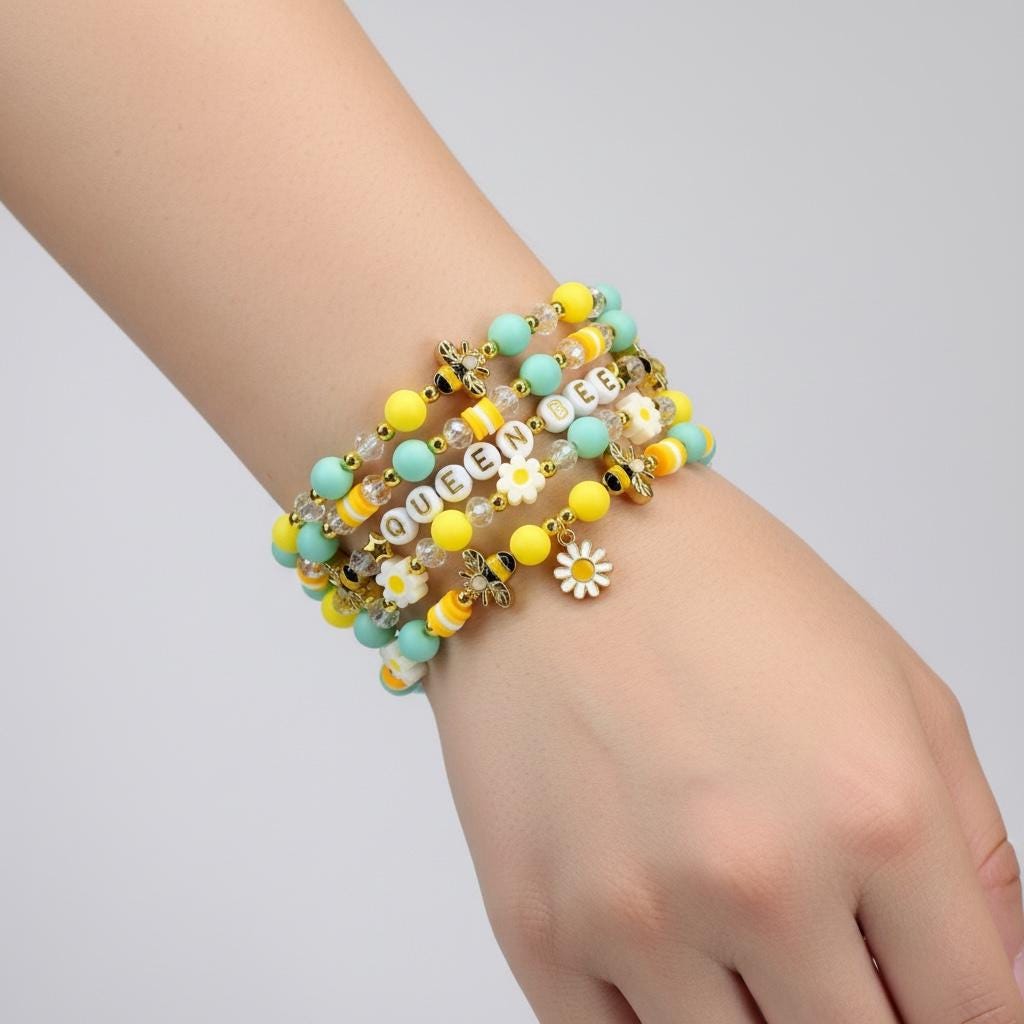 Yellow and Mint Bee Charm Bracelet Collection with Daisy Charm