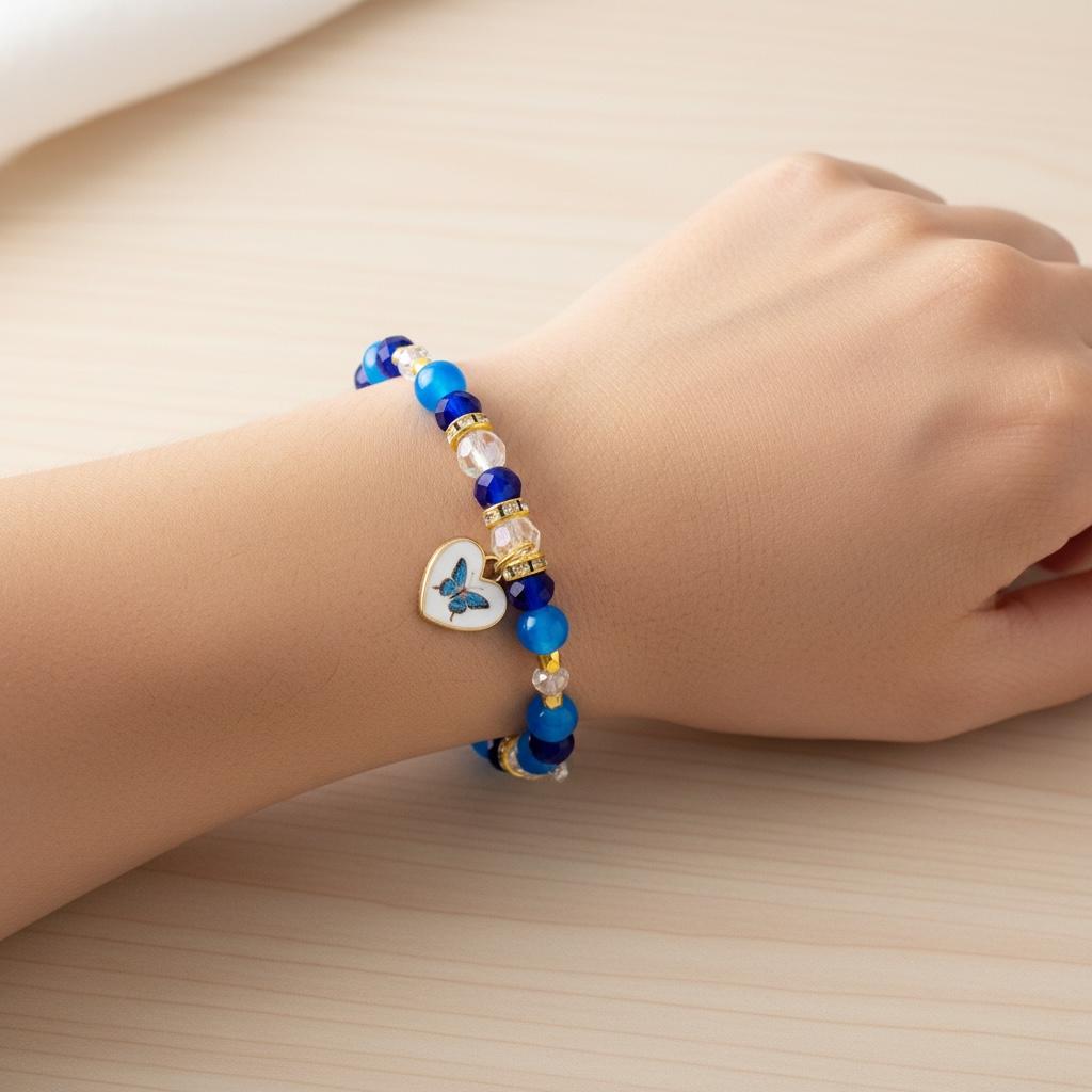 Blue and Gold Butterfly Heart Charm Bracelet