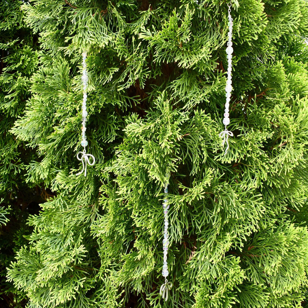 Set of 5 Crystal Beaded Icicle Ornaments | Silver Bow Charm Christmas Tree Decor