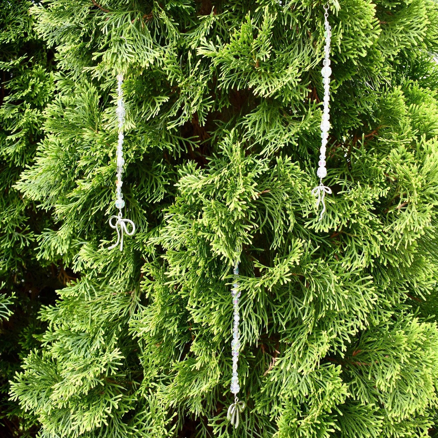 Set of 5 Crystal Beaded Bow Christmas Tree Ornaments | Coquette Christmas Decor | Glass Bead Icicle Ornaments | Silver Bow Charm Tree Trim