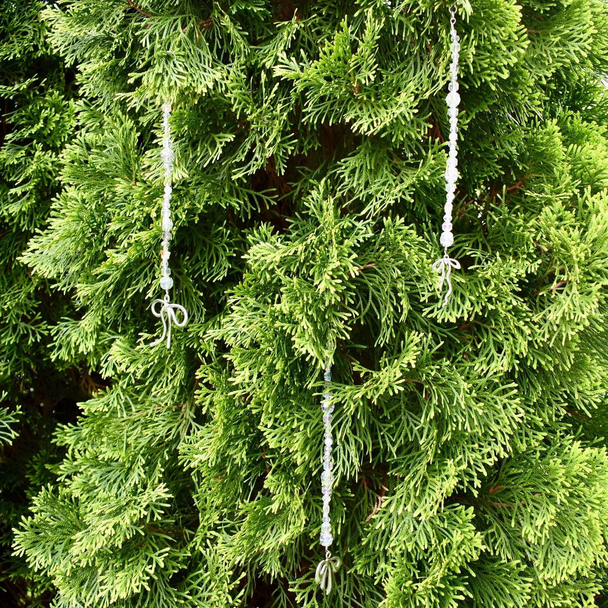 Set of 5 Crystal Beaded Bow Christmas Tree Ornaments | Coquette Christmas Decor | Glass Bead Icicle Ornaments | Silver Bow Charm Tree Trim