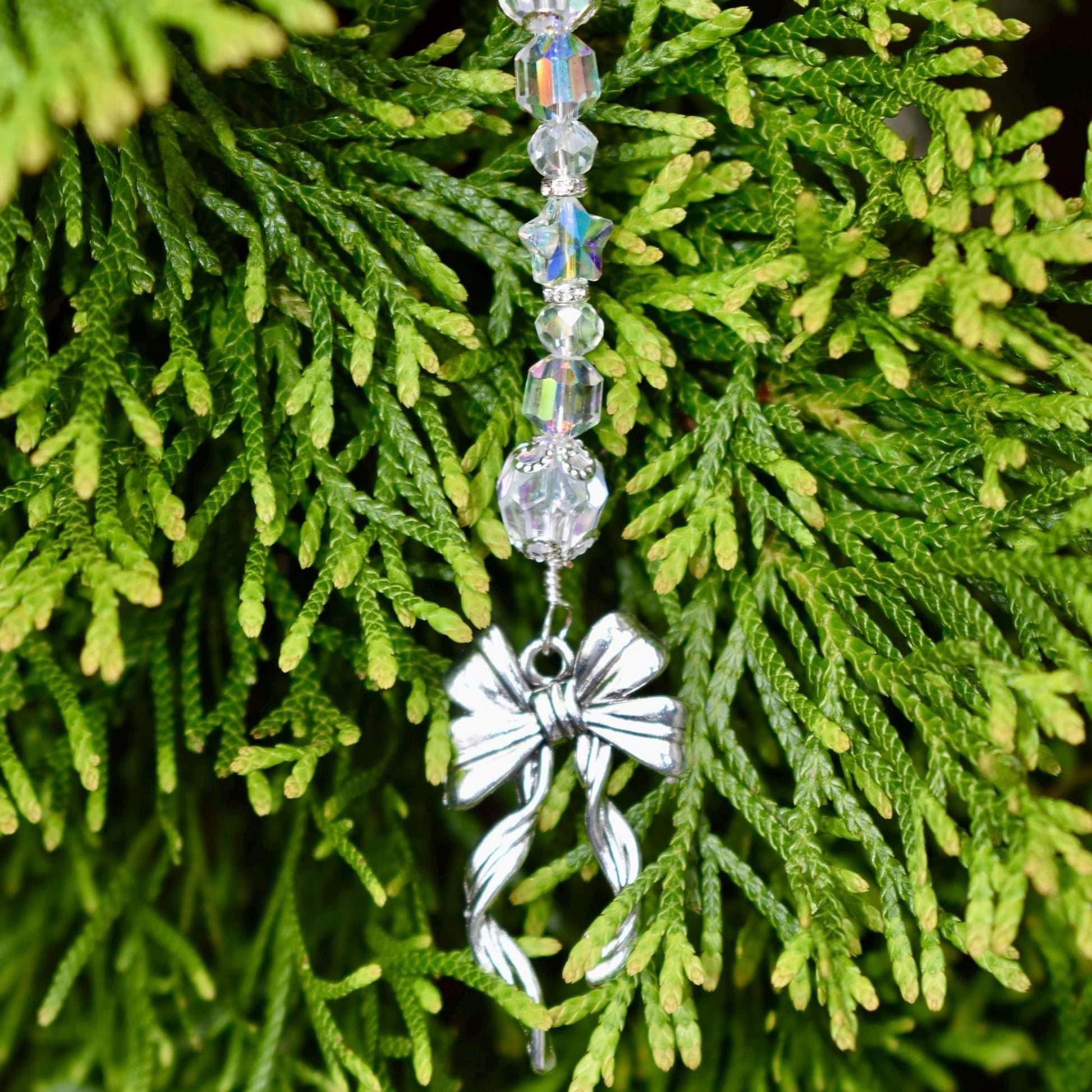 Set of 5 Crystal Beaded Bow Christmas Tree Ornaments | Coquette Christmas Decor | Glass Bead Icicle Ornaments | Silver Bow Charm Tree Trim