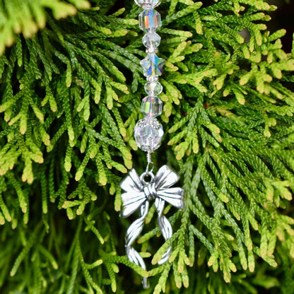 Set of 5 Crystal Beaded Bow Christmas Tree Ornaments | Coquette Christmas Decor | Glass Bead Icicle Ornaments | Silver Bow Charm Tree Trim
