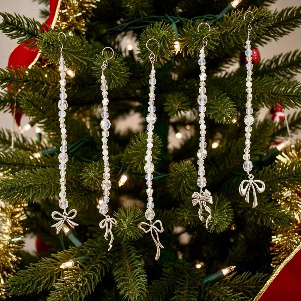 Set of 5 Crystal Beaded Icicle Ornaments | Silver Bow Charm Christmas Tree Decor